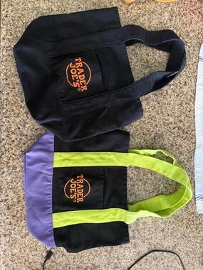 2x Trader Joe's Black W/ Green Straps Mini Halloween Canvas Tote Bag + All Black